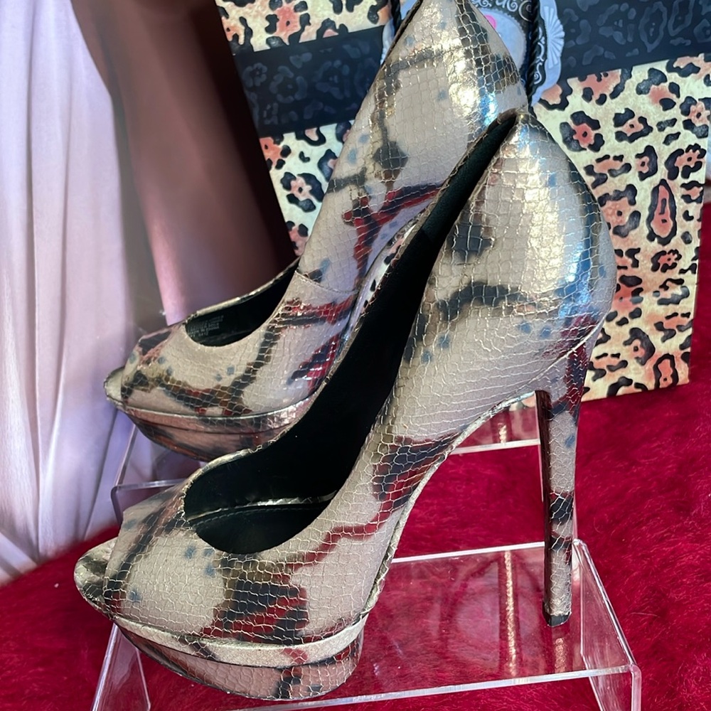 BRIAN ATWOOD RARE HIGH SNAKE PRINT PLATFORM LEATHER PEEP TOE HEELS PUMPS…